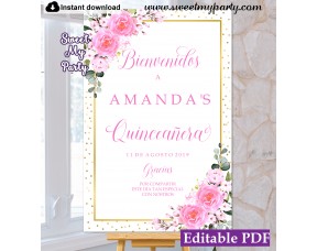 Quinceañera welcome sign template,Quinceañera bienvenidos sign,(133a)